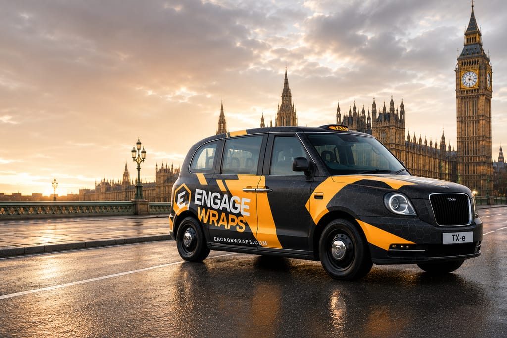 A fully wrapped Engage Wraps London black cab on Westminster Bridge at sunrise, with Big Ben behind it